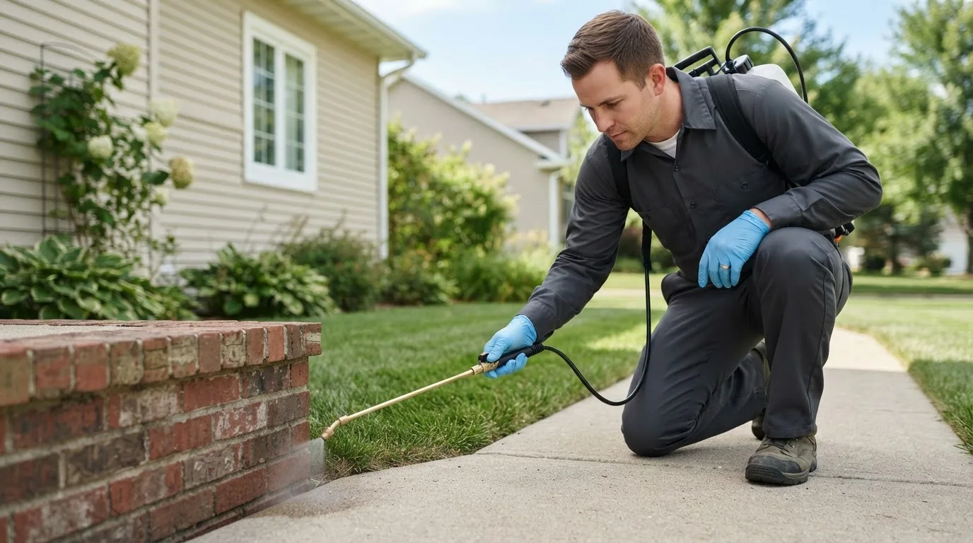 Pest control technician treating a home near Bellefontaine, OH