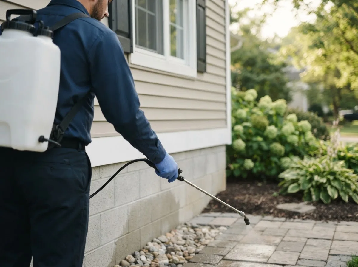 Pest control technician inspecting a home in Bellefontaine, OH